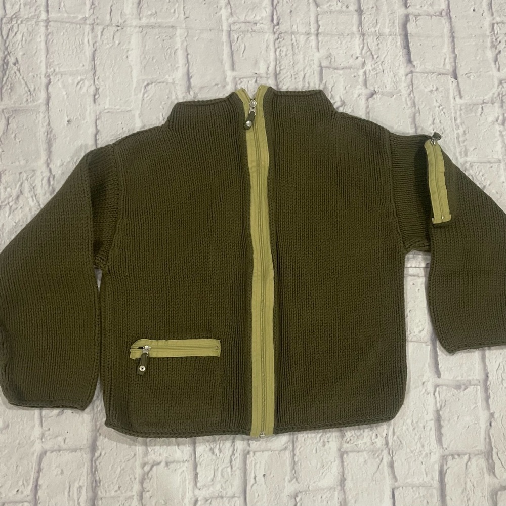 PURE Handknit Full Zip Chunky Knit Sweater Sz Medium Green Boho Chic Eclectic